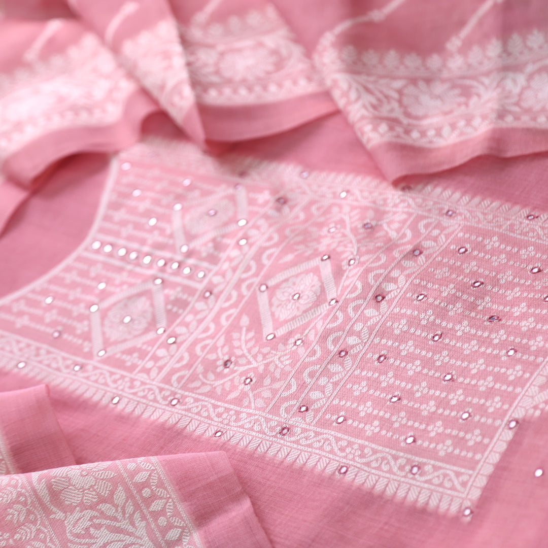 Jamdani Blink Pink Patra Neck Work Jamdani Weaved Suit Set