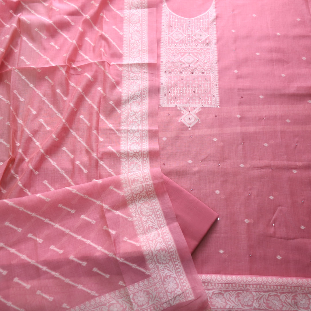 Jamdani Blink Pink Patra Neck Work Jamdani Weaved Suit Set