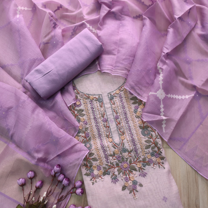 Jamdani Lilac Thread Embroidery Neck Work Jamdani Suit Set