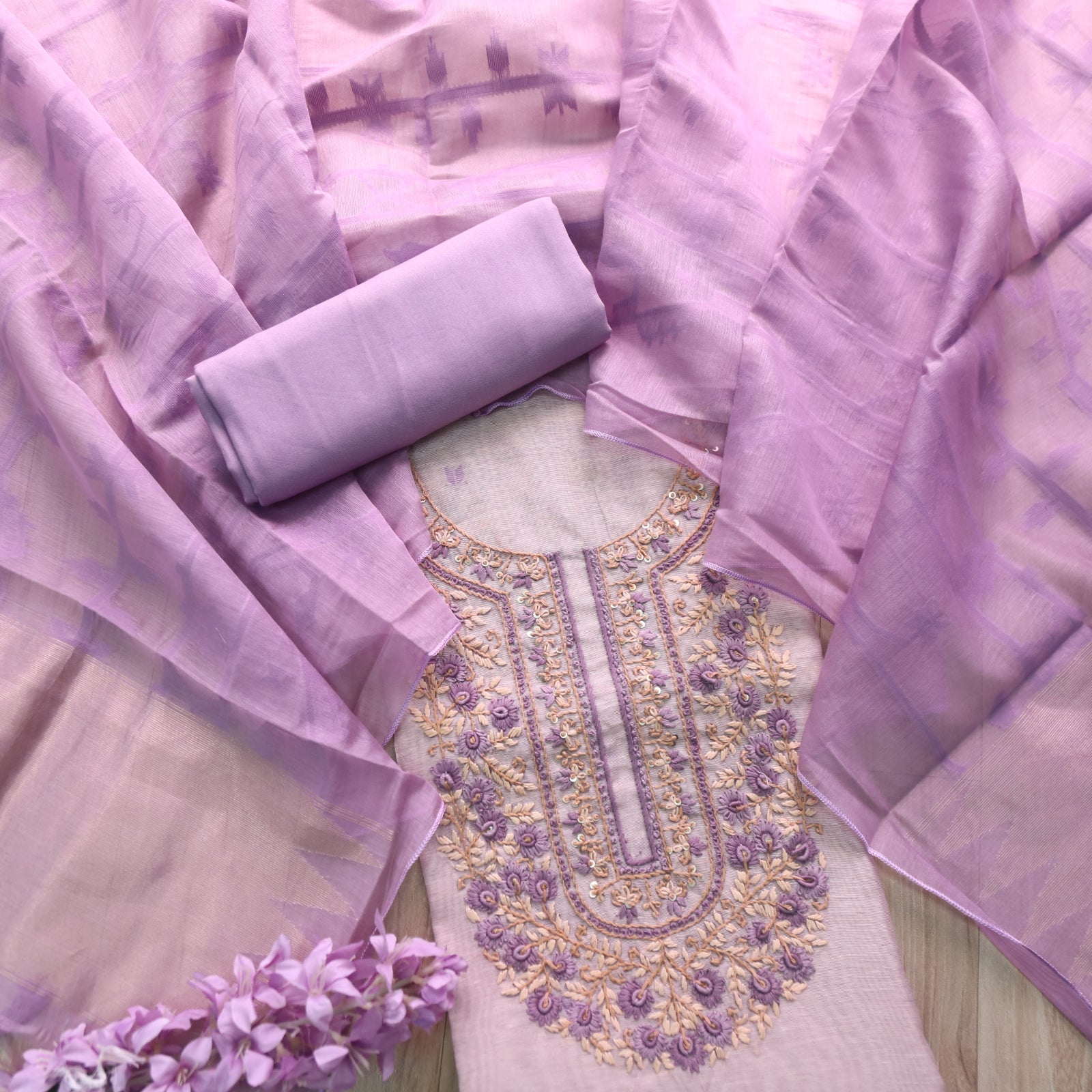 Mauve boxy V neck jamdani dress main image 1