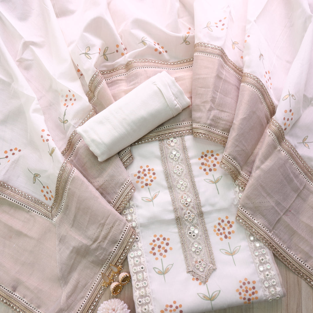 Lahori Cream White Lace Work Neck Pakistani Inspired Chanderi Suit Set-D2