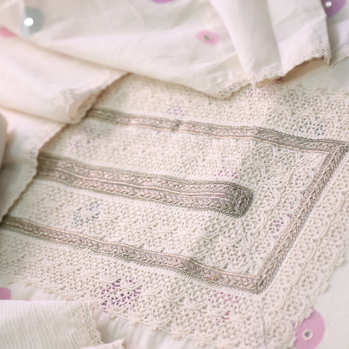 Lahori Cream White Lace Work Printed Pakistani Inspired Cotton Suit Set-D1