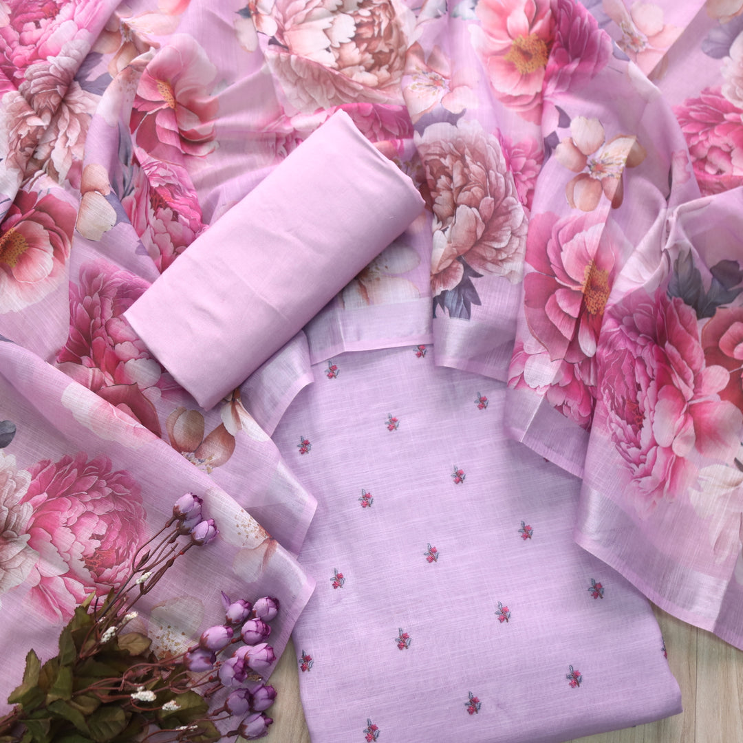 Raabta Iris Purple Floral Embroidery Buti Work Cotton Linen Suit Set