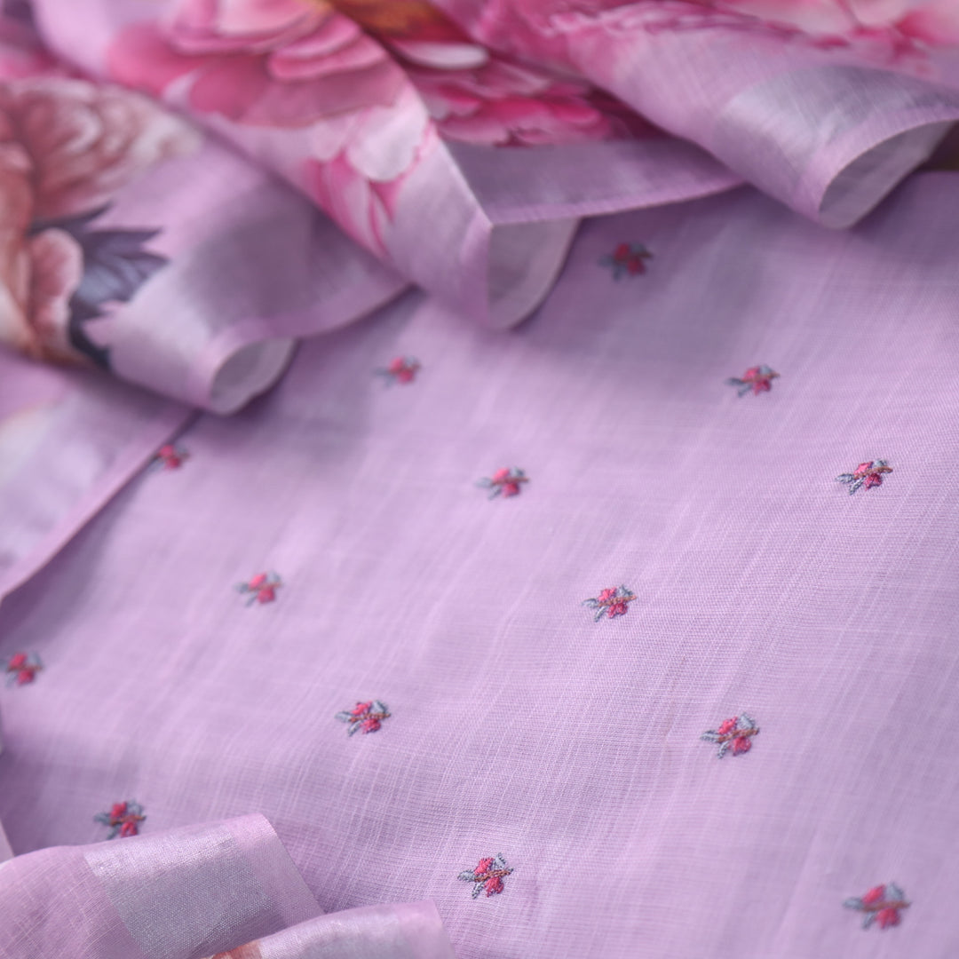 Raabta Iris Purple Floral Embroidery Buti Work Cotton Linen Suit Set
