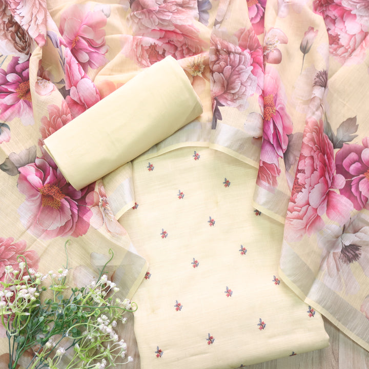 Raabta Pineapple Yellow Floral Embroidery Buti Work Cotton Linen Suit Set