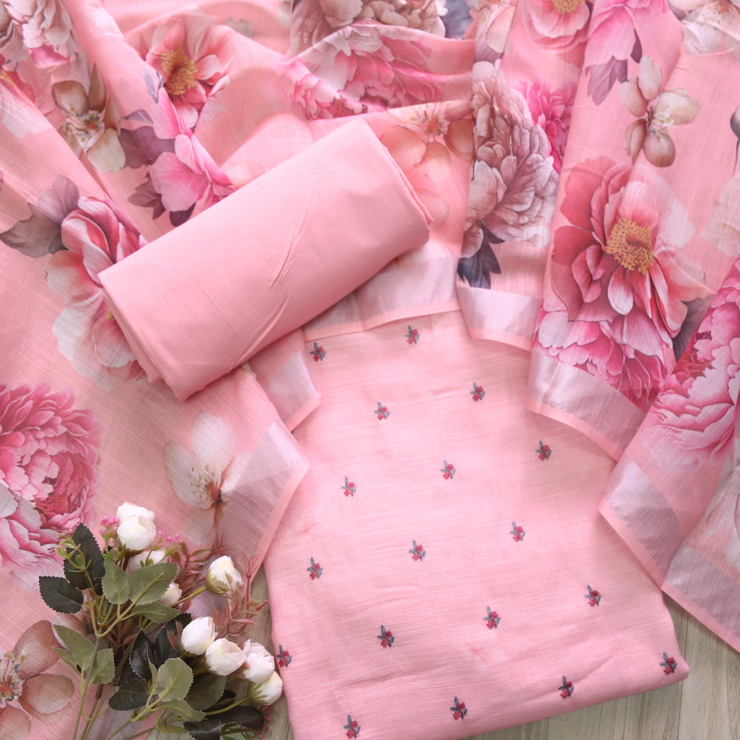 Raabta Soft Pink Floral Embroidery Buti Work Cotton Linen Suit Set