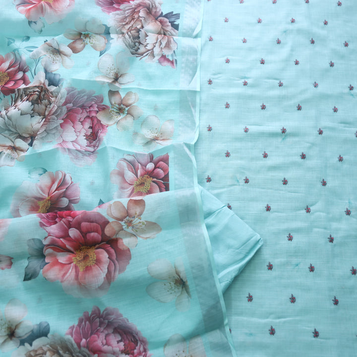 Raabta Aqua Blue Floral Embroidery Buti Work Cotton Linen Suit Set