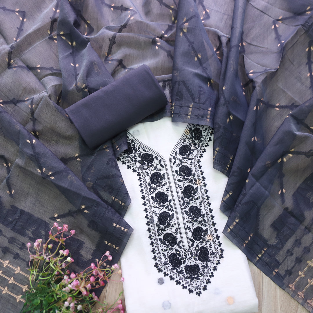 Rabbata White with Black Thread Neck Work Jamdani Weaved Suit Set