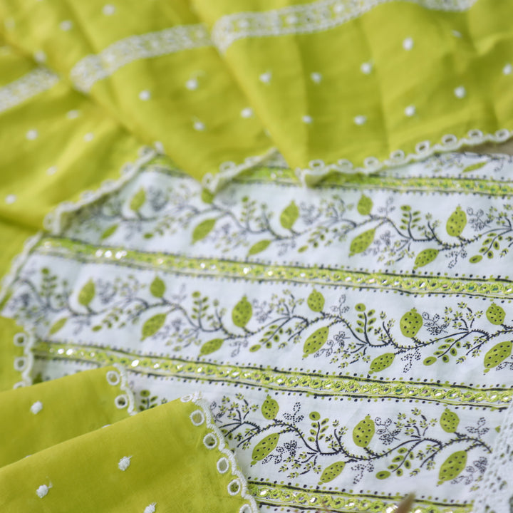 Salarri White with Lemon Green Patra Work Floral Printed Cotton Suit Set