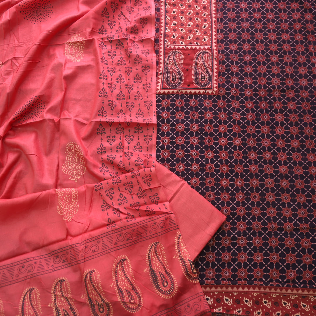 Khairiyat Berry Red Kutch Neck Inspired Neck Work Cotton Suit Set-D2