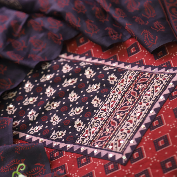 Khairiyat Berry Red Kutch Neck Inspired Neck Work Cotton Suit Set
