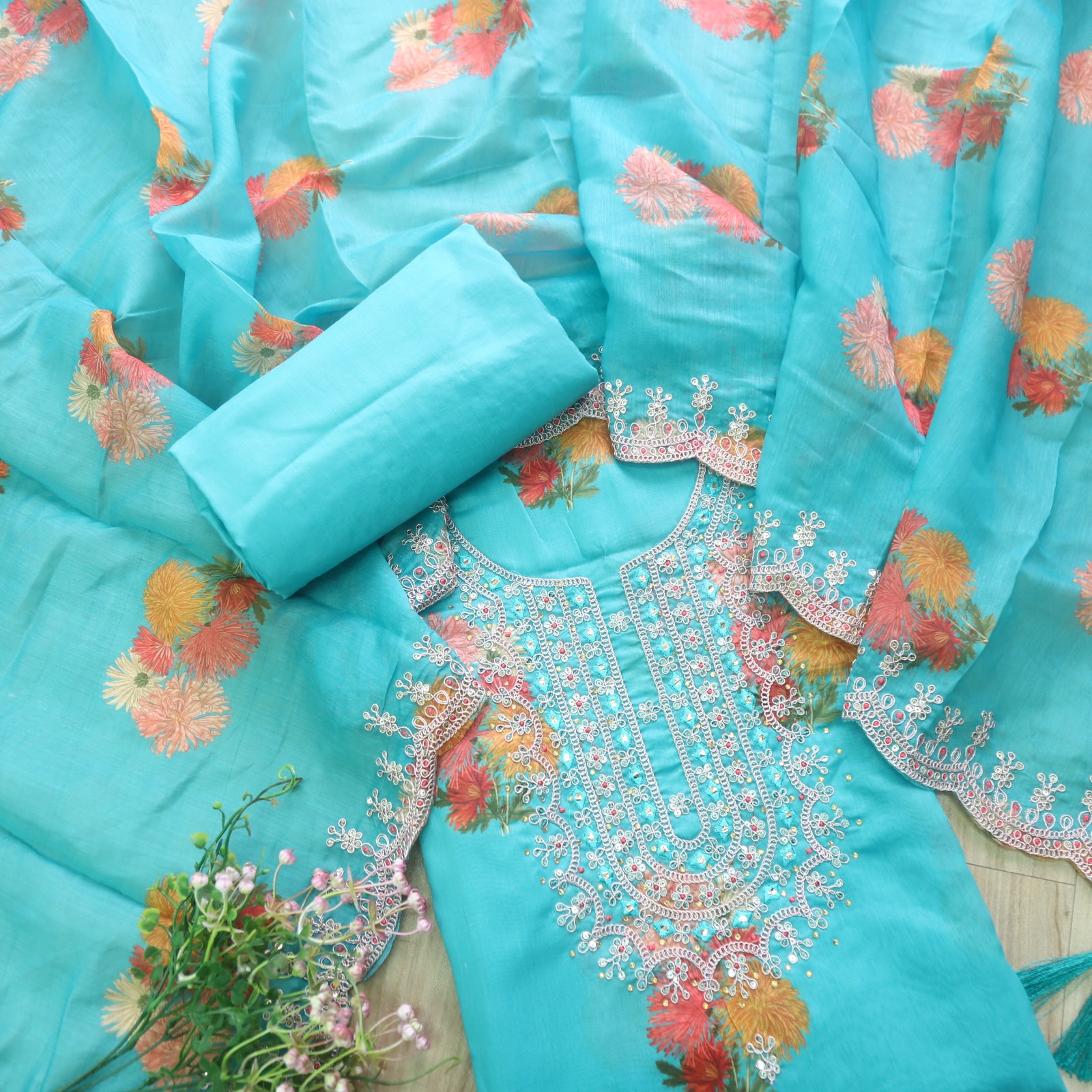 Women Teal Chanderi Printed Clothing Set