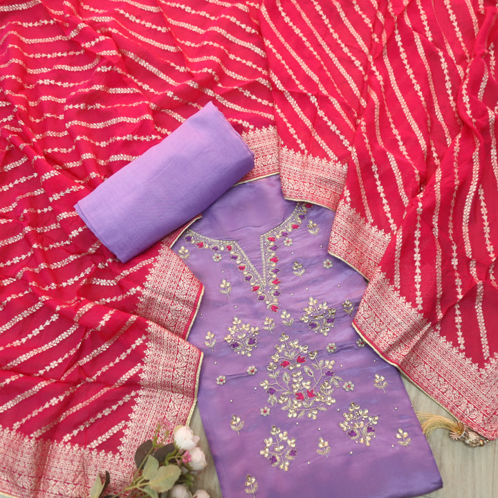 Falak Lilac Purple Designer Neck with Stone in Shimmer Tissue Silk Suit Set