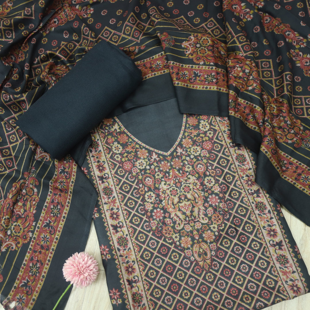 Kanya Shadow Black Digital Floral Printed Semi Pashmina Winter Suit Set
