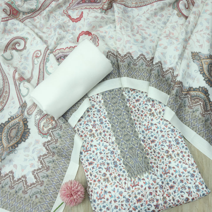 Supriya Cream White Floral Kanni Printed Semi Pashmina Winter Suit Set D1