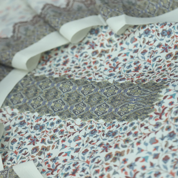 Supriya Cream White Floral Kanni Printed Semi Pashmina Winter Suit Set D1