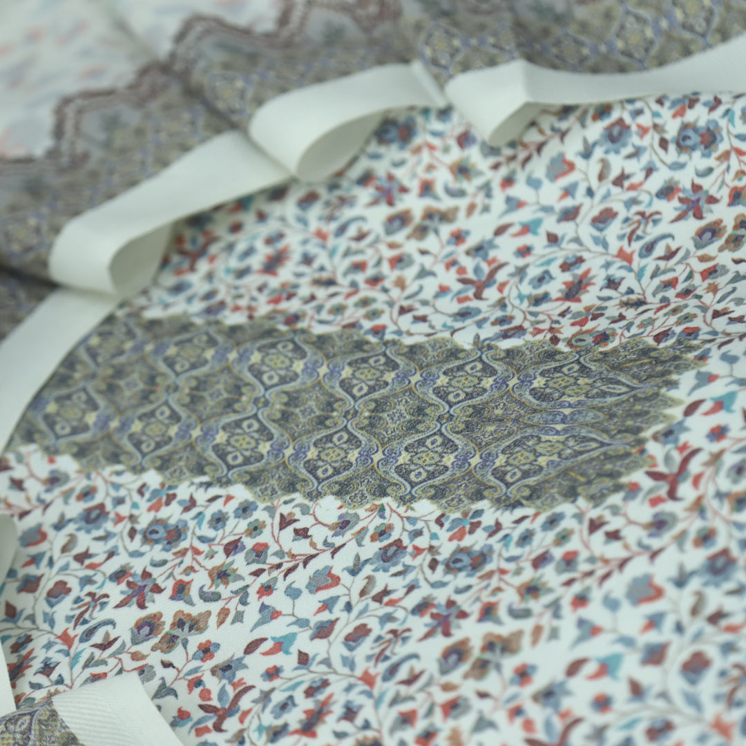 Supriya Cream White Floral Kanni Printed Semi Pashmina Winter Suit Set D1