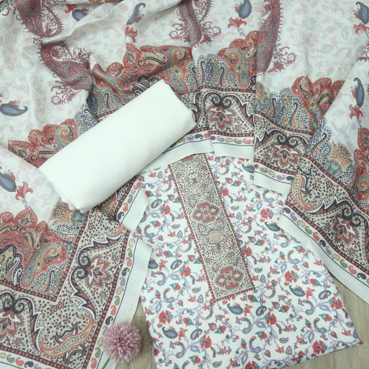 सुप्रिया Cream White Floral Kanni Printed Semi Pashmina Winter Suit Set D2