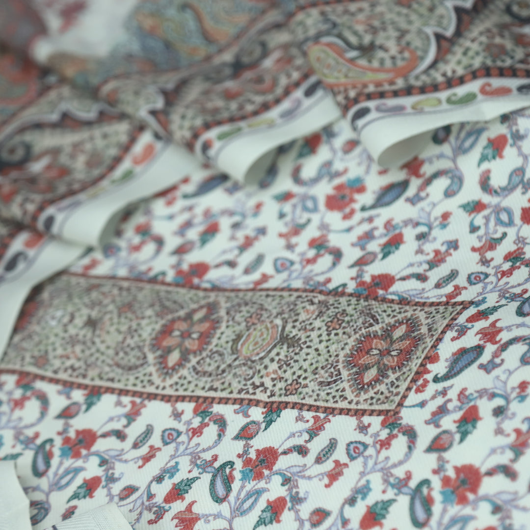 सुप्रिया Cream White Floral Kanni Printed Semi Pashmina Winter Suit Set D2