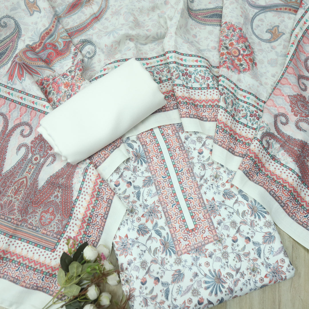सुप्रिया Cream White Floral Kanni Printed Semi Pashmina Winter Suit Set D3