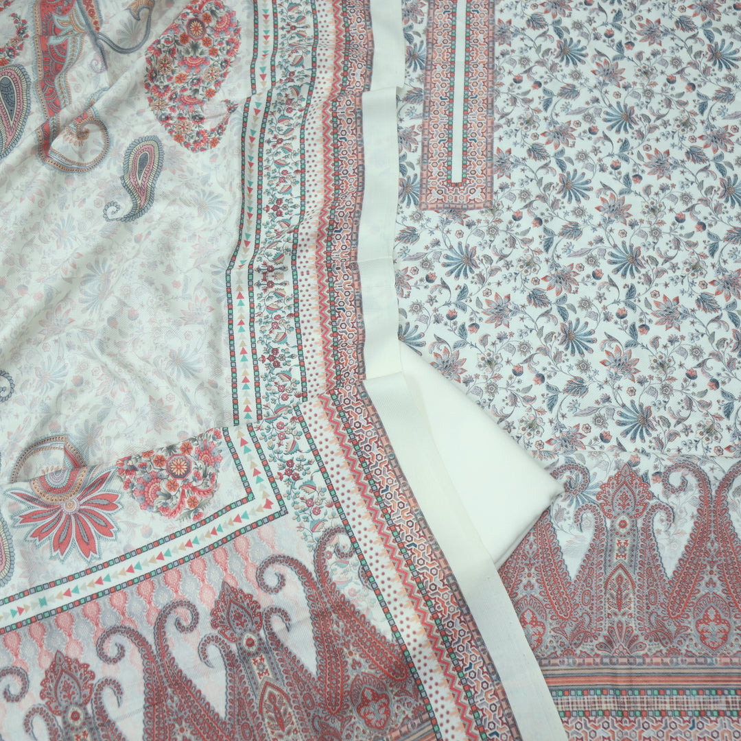 सुप्रिया Cream White Floral Kanni Printed Semi Pashmina Winter Suit Set D3