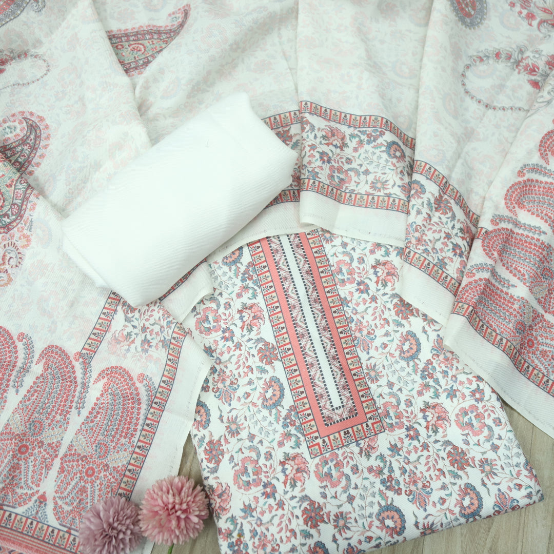 सुप्रिया Cream White Floral Kanni Printed Semi Pashmina Winter Suit Set D4