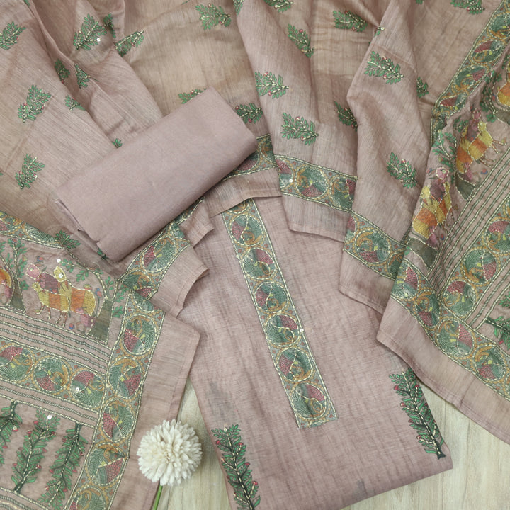 Roop Mauve Pink Digital Printed Chanderi Kantha Work Suit Set