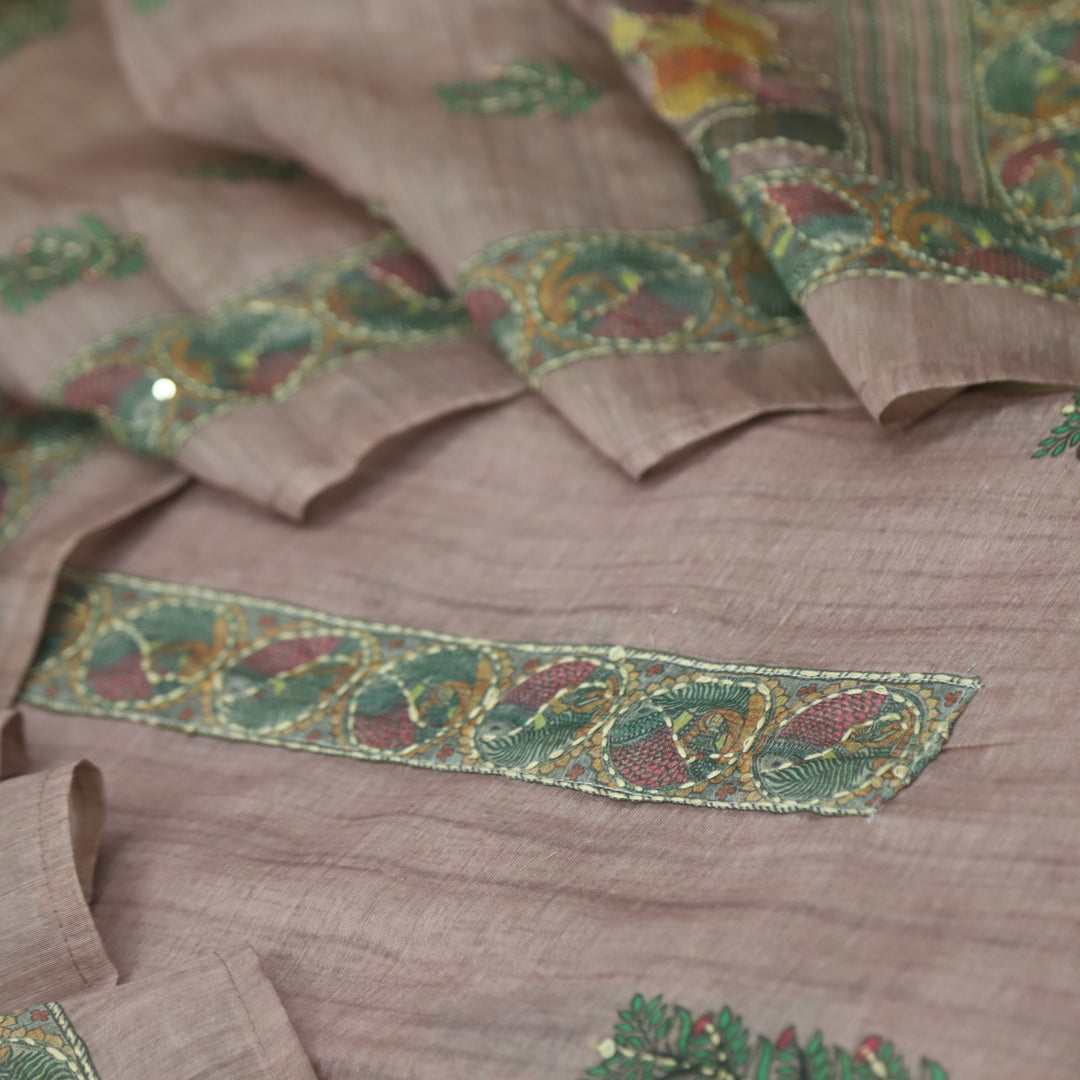 Roop Mauve Pink Digital Printed Chanderi Kantha Work Suit Set