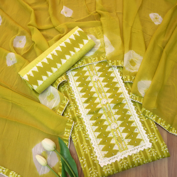 Rubi Yellow Thread Work with Moti Work Dabu Printed Cotton Suit Set D3