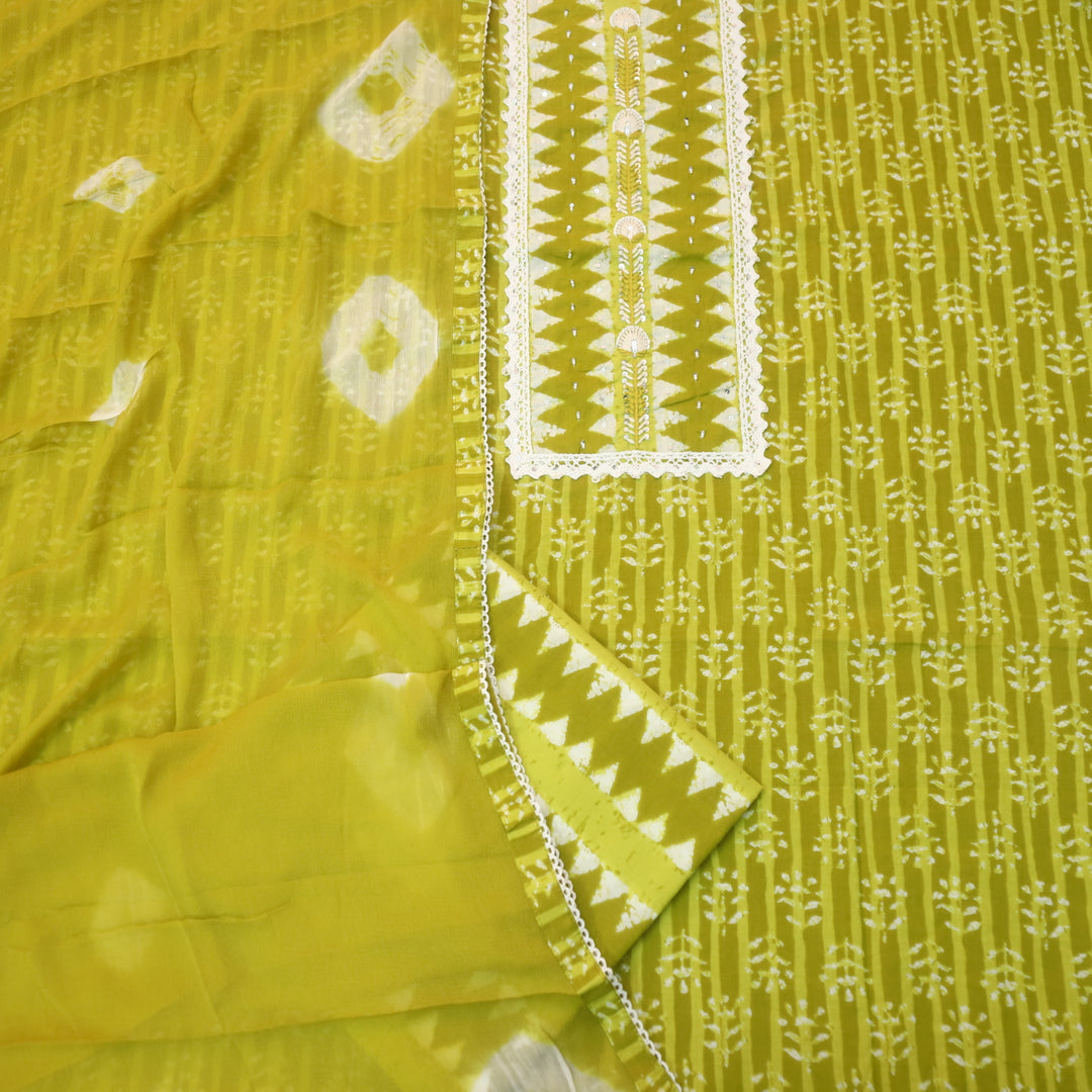 Rubi Yellow Thread Work with Moti Work Dabu Printed Cotton Suit Set D3