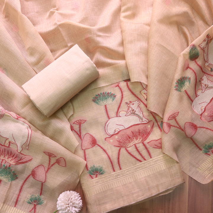 Khayal Sand Beige Pichwai Authentic Jamdani Weaved Chanderi Suit Set