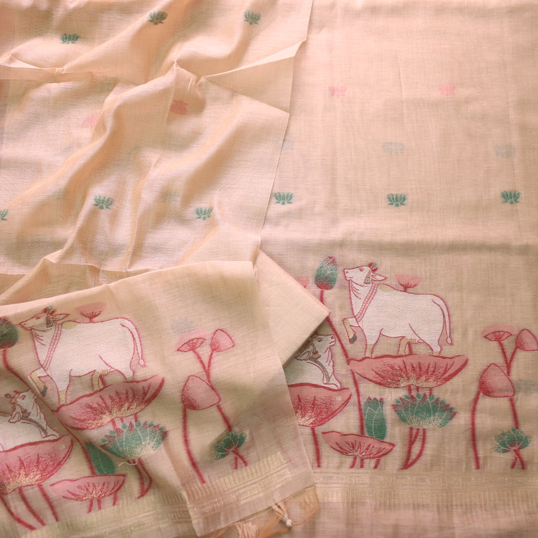 Khayal Sand Beige Pichwai Authentic Jamdani Weaved Chanderi Suit Set