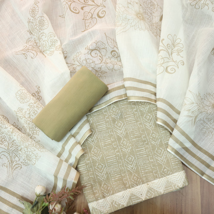 Rahi Butter Beige Digital Print with Kantha Work Lace Hem Cotton Linen Set D1