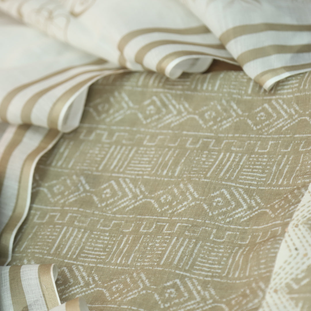 Rahi Butter Beige Digital Print with Kantha Work Lace Hem Cotton Linen Set D1