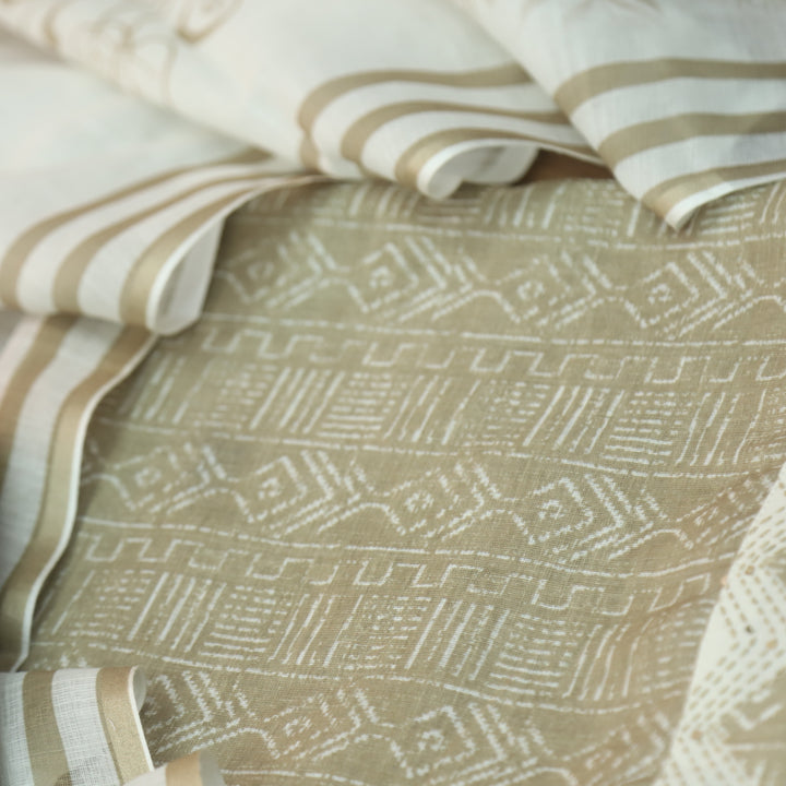 Rahi Butter Beige Digital Print with Kantha Work Lace Hem Cotton Linen Set D1