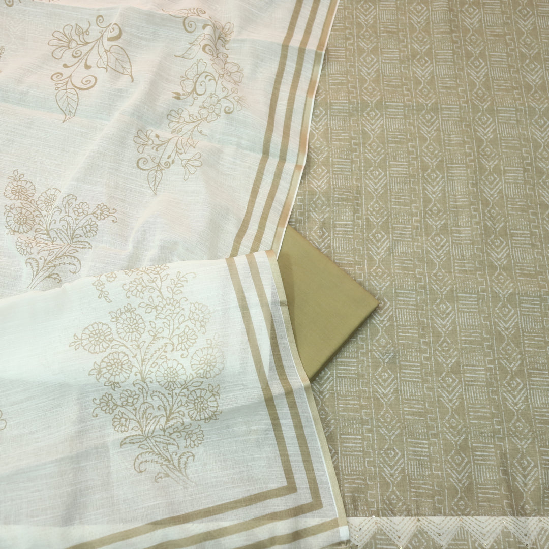 Rahi Butter Beige Digital Print with Kantha Work Lace Hem Cotton Linen Set D1