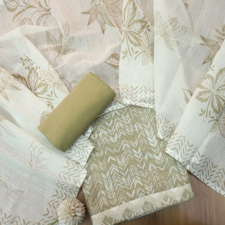 Rahi Butter Beige Digital Print with Kantha Work Lace Hem Cotton Linen Set D2