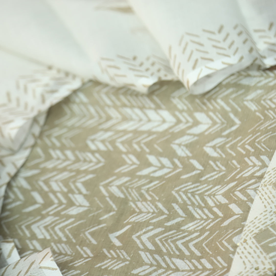 Rahi Butter Beige Digital Print with Kantha Work Lace Hem Cotton Linen Set D2