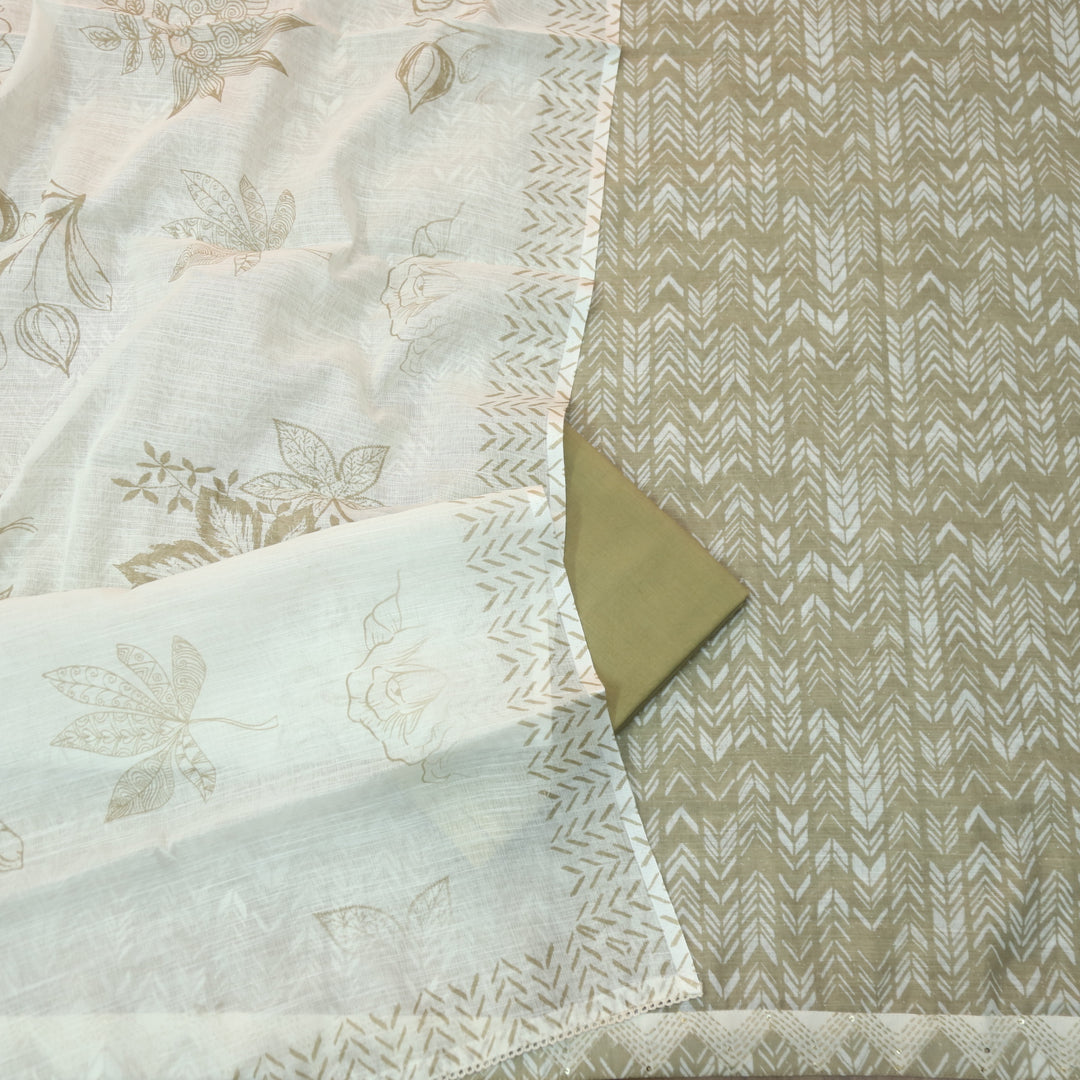 Rahi Butter Beige Digital Print with Kantha Work Lace Hem Cotton Linen Set D2