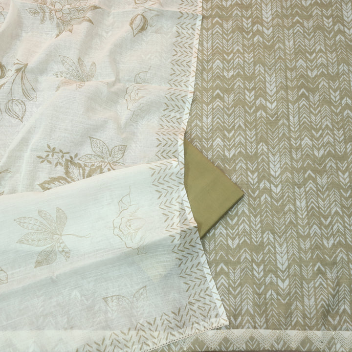 Rahi Butter Beige Digital Print with Kantha Work Lace Hem Cotton Linen Set D2