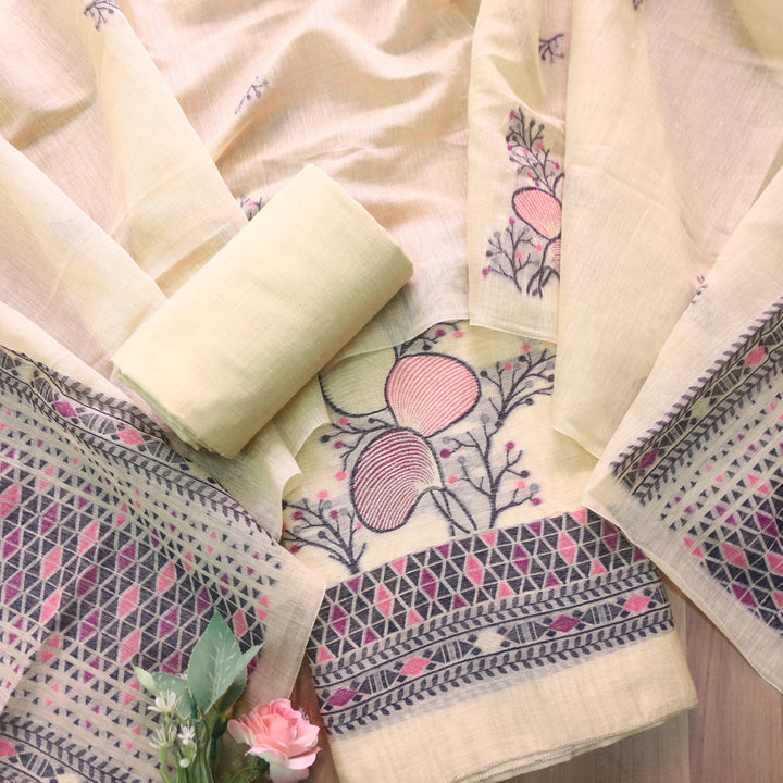 Riwayat Buttermilk Yellow Zari with Floral Authentic Jamdani Weaved Suit Set