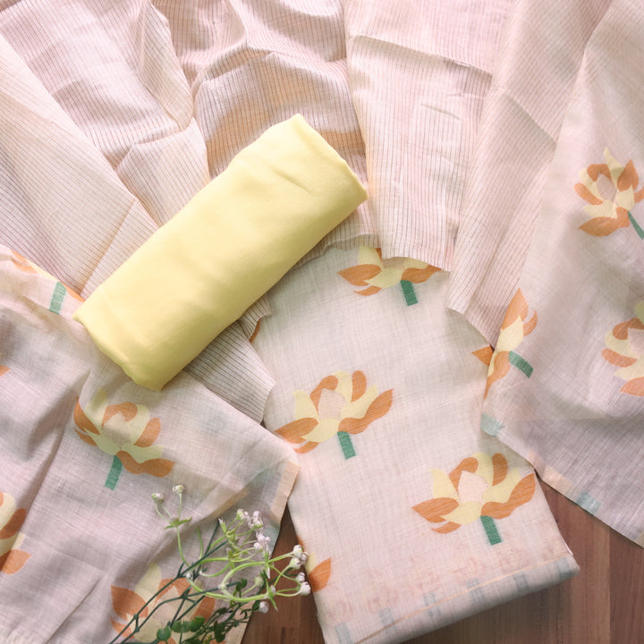 Zinat Beige with Yellow Floral Authentic Jamdani Weaved with Zari Suit Set
