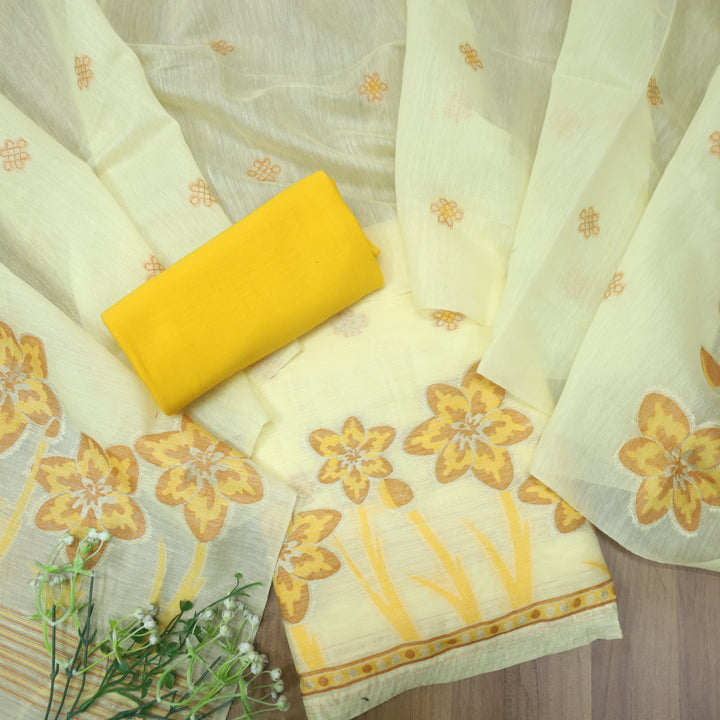 Musaira Buttermilk Yellow Floral Authentic Jamdani Weaved with Zari Chanderi Set