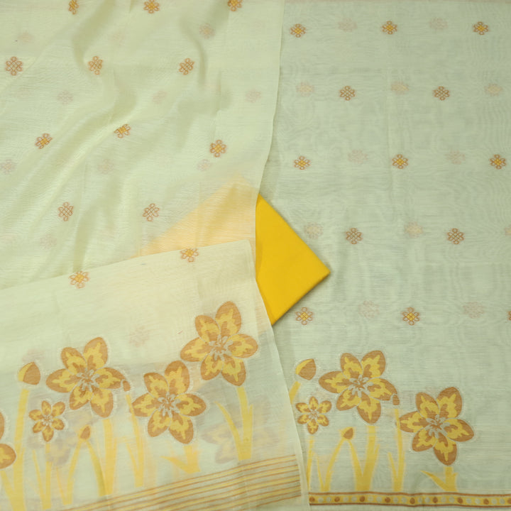Musaira Buttermilk Yellow Floral Authentic Jamdani Weaved with Zari Chanderi Set
