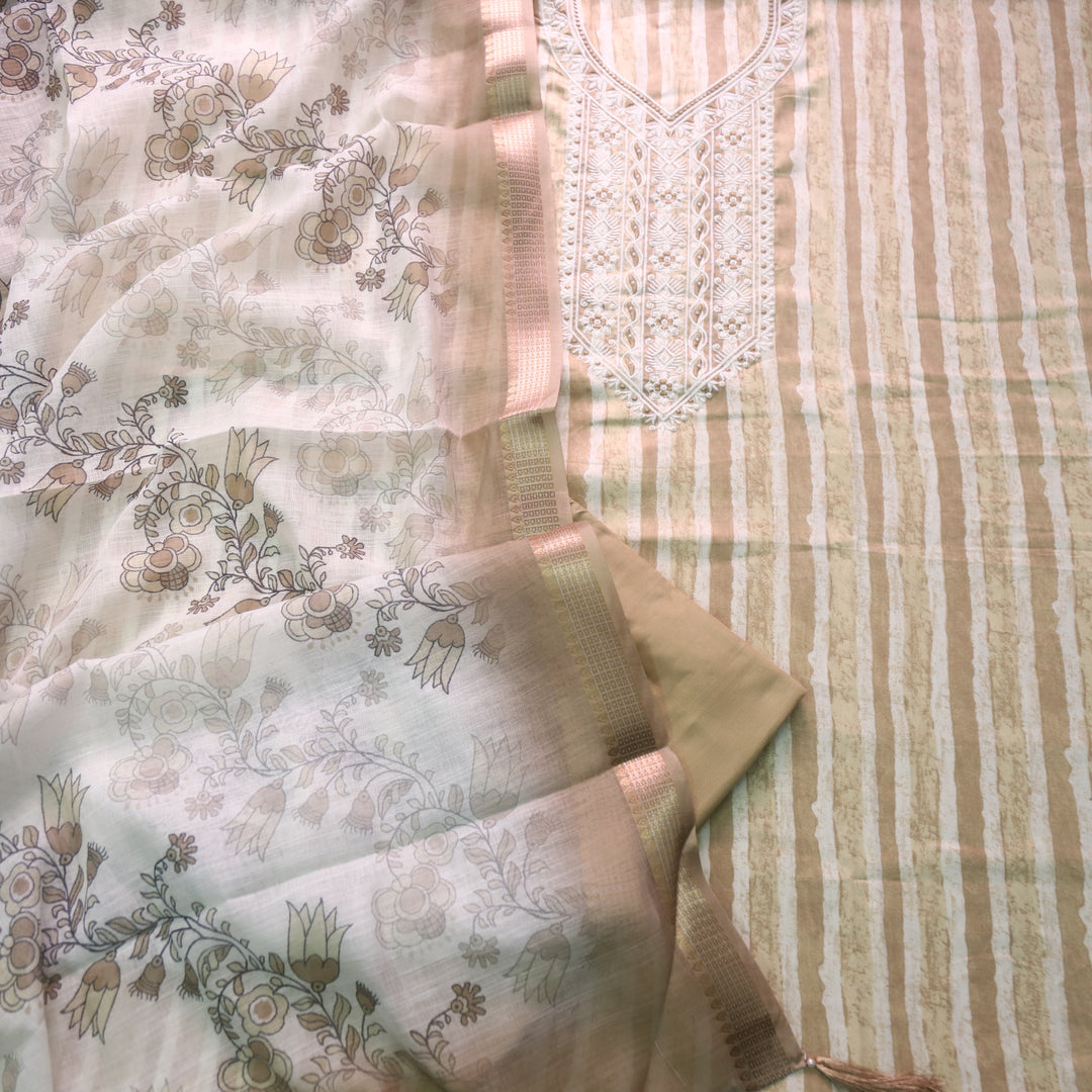 Kaashi Peanut Beige Embroidered Neckline with Moti Stripe Print Jam Cotton Set