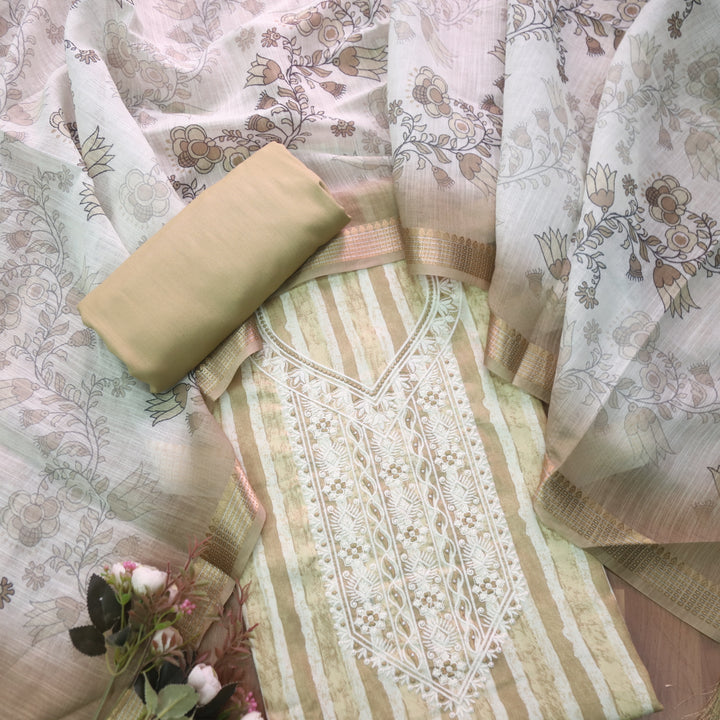 Kaashi Peanut Beige Embroidered Neckline with Moti Stripe Print Jam Cotton Set