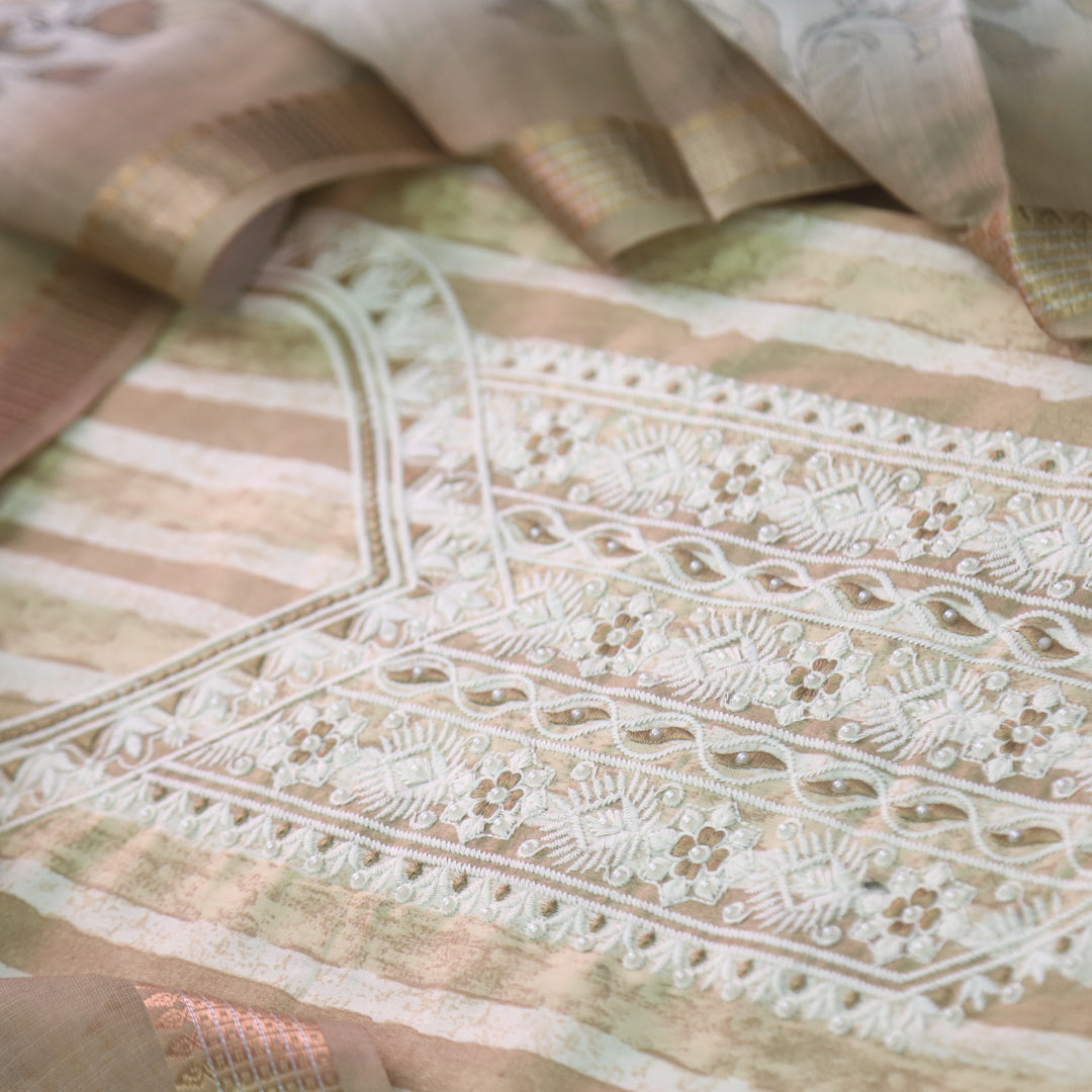 Kaashi Peanut Beige Embroidered Neckline with Moti Stripe Print Jam Cotton Set