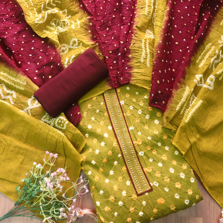 Ruksana Mehendi Green Neck Lace Patch Authentic Bandhej Work Cotton Suit Set