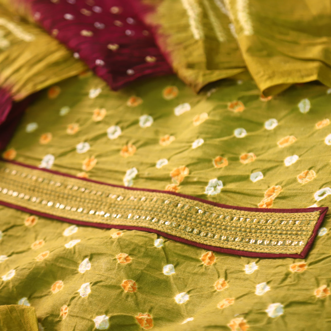 Ruksana Mehendi Green Neck Lace Patch Authentic Bandhej Work Cotton Suit Set