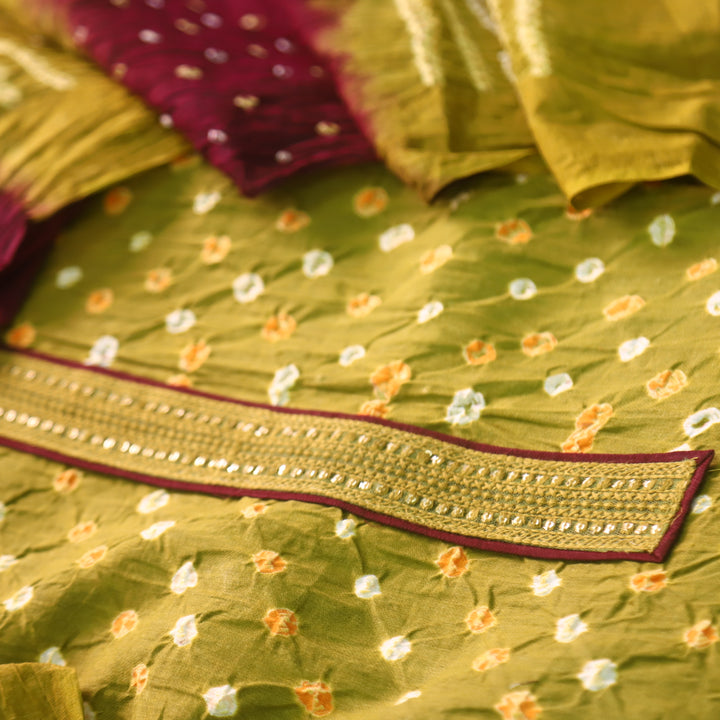 Ruksana Mehendi Green Neck Lace Patch Authentic Bandhej Work Cotton Suit Set